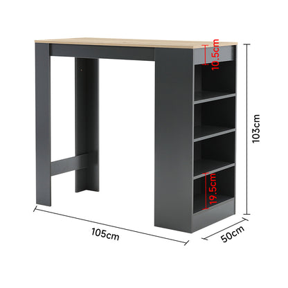 105cm W Natural tabletop and open shelves on a black wooden bar table