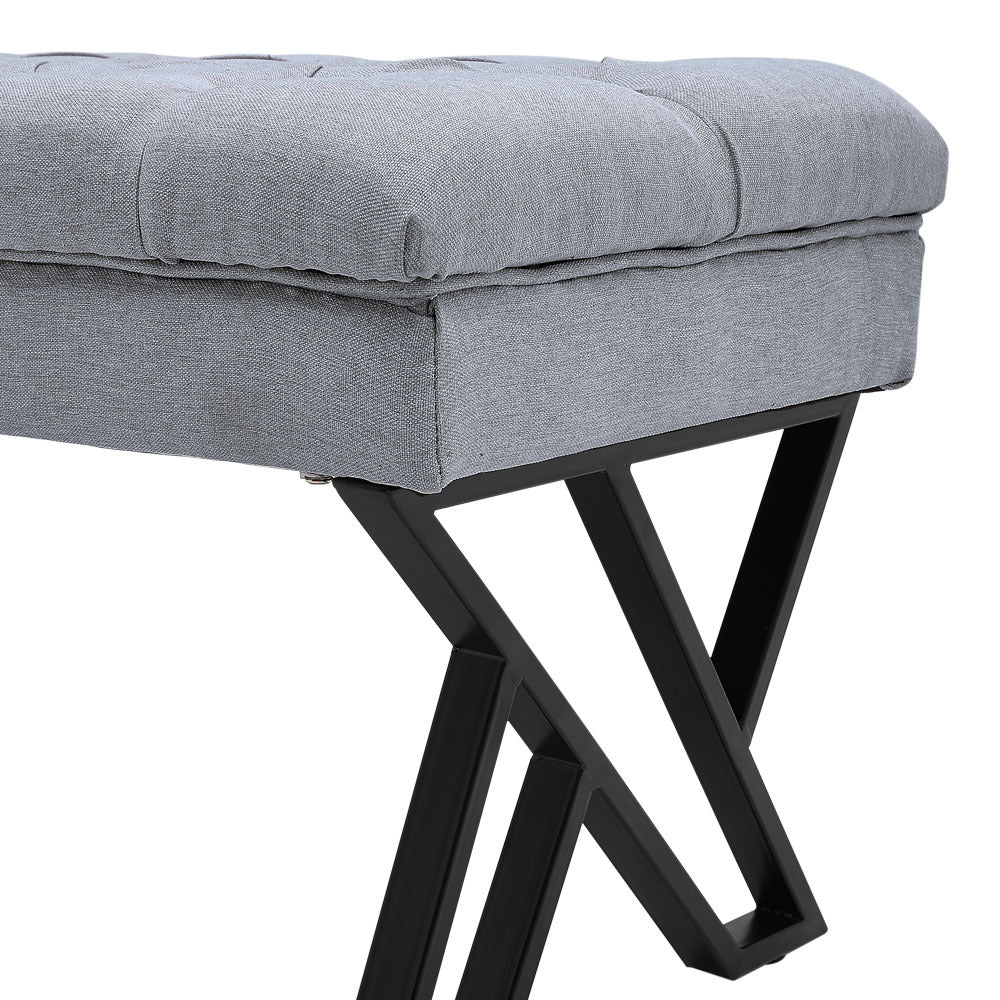 Grey Mid Century Metal Linen Upholstered Bench