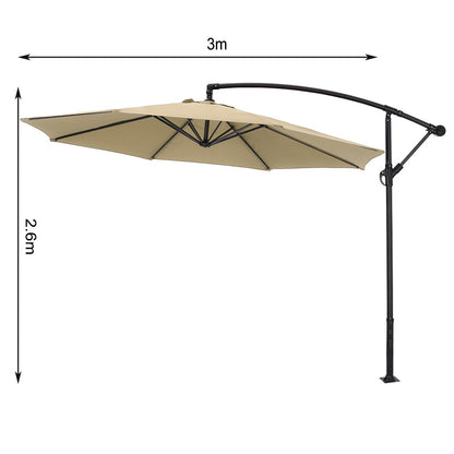 Garden 3M Taupe Banana Parasol Cantilever Hanging Sun Shade Umbrella Shelter with Cross Base