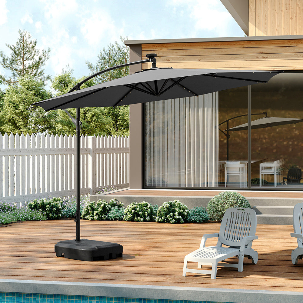 3M Large Garden Hanging LED Parasol Cantilever Sun Shade Banana Umbrella with Rectangular Base, Dark Grey