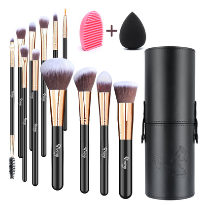 12 Pcs Travel Makeup Brush Set with Makeup Sponge and Brush Cleaner