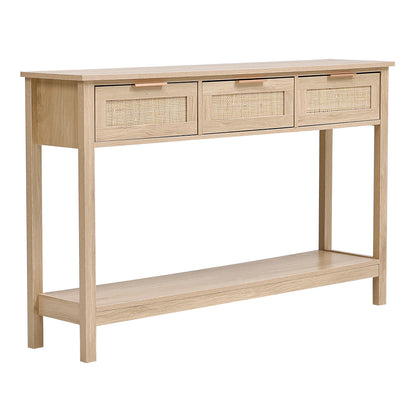 Rustic Wood Console Table with 3 Rattan Drawer