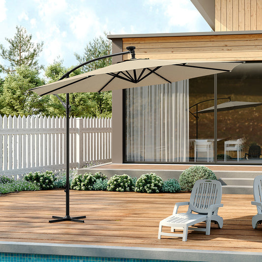 3M Large Garden Hanging LED Parasol Cantilever Sun Shade Banana Umbrella with Cross Base, Beige