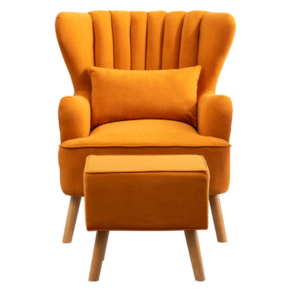 Frosted Velvet Wingback Armchair with Footstool and Lumbar Pillow Orange