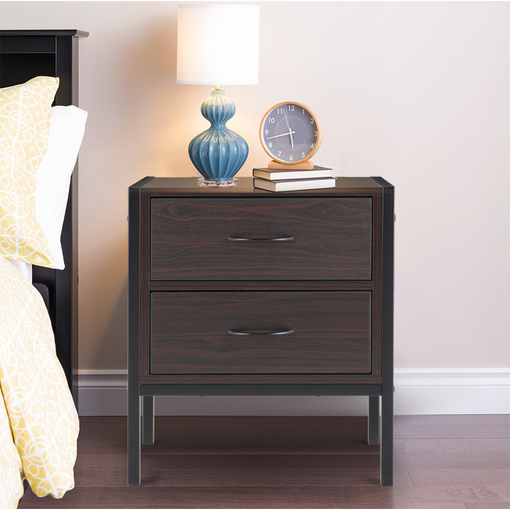 Dark Brown Retro Style Wooden Bedside Cabinet with 2 Drawers