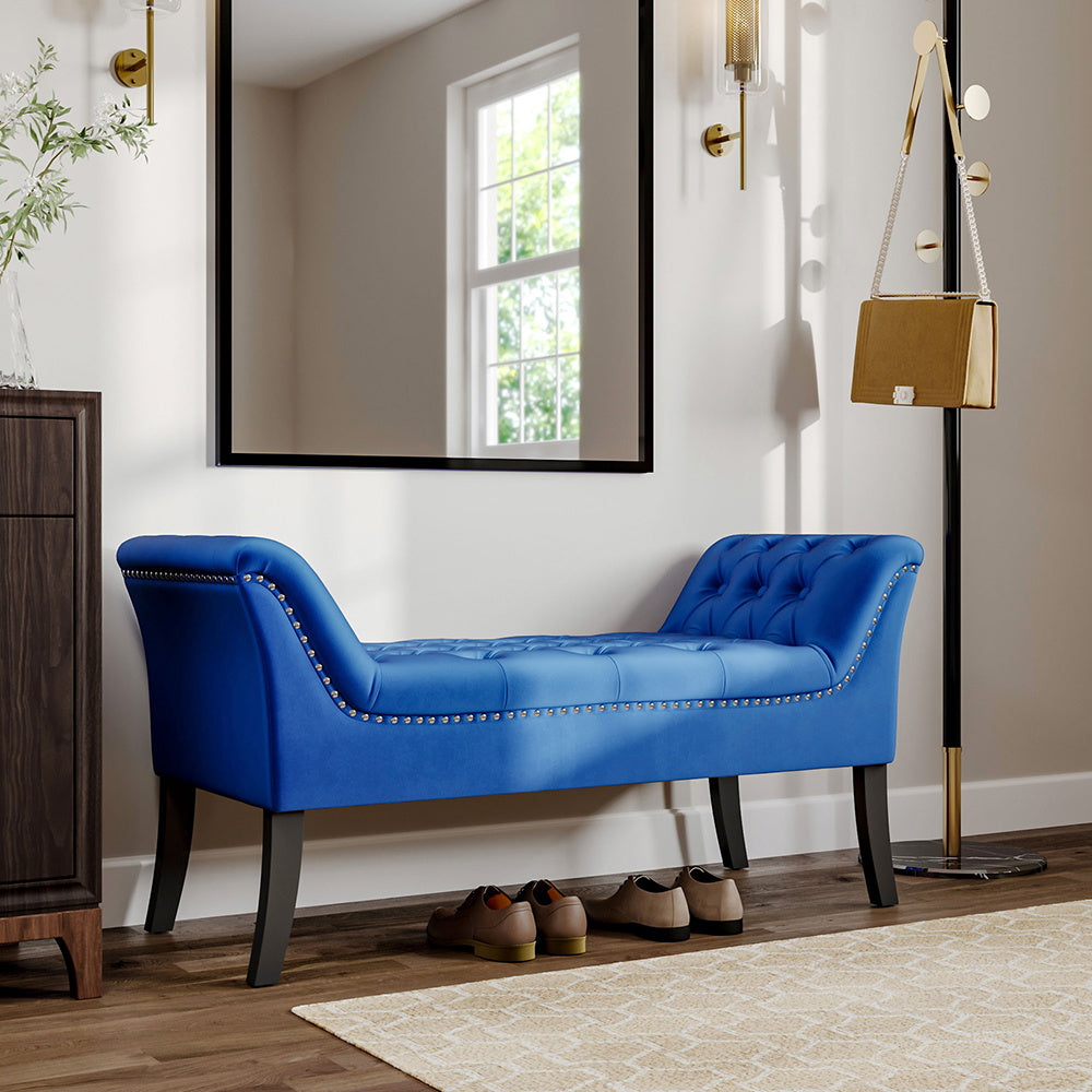 Blue Velvet Buttoned Bench with Black Wood Legs