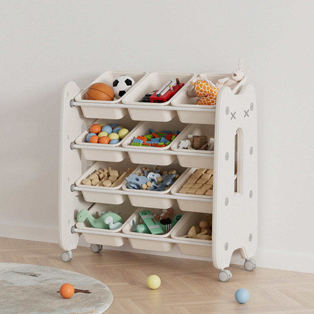 Beige Rolling 4 Tier Plastic Toy Storage Organizer with 12 Removable Boxes