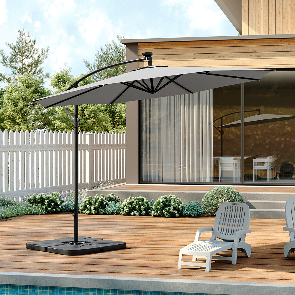 3M Large Garden Hanging LED Parasol Cantilever Sun Shade Banana Umbrella with Petal Base, Light Grey