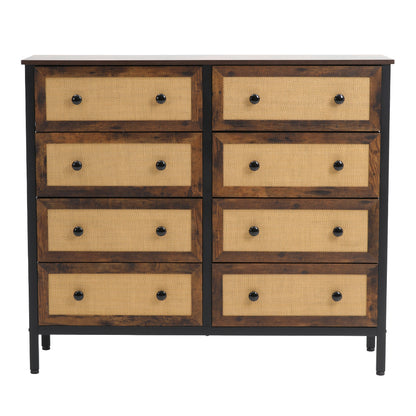 Rustic Rattan Storage Cabinet with Eight Drawers