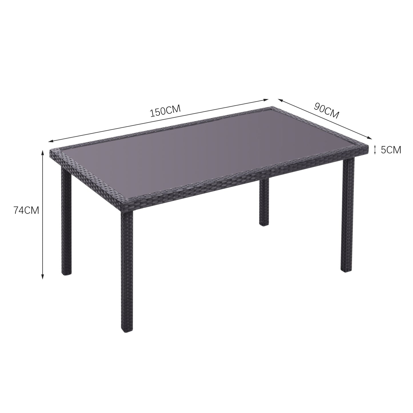 150CM Patio Garden Rectangle Rattan Frame Glass Top Table Black