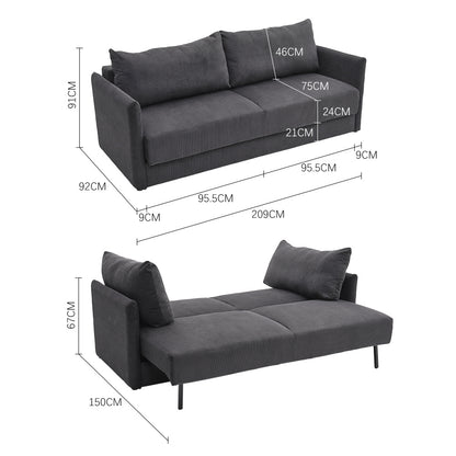 209cm W Grey 3Seater Sleeper Sofa Bed