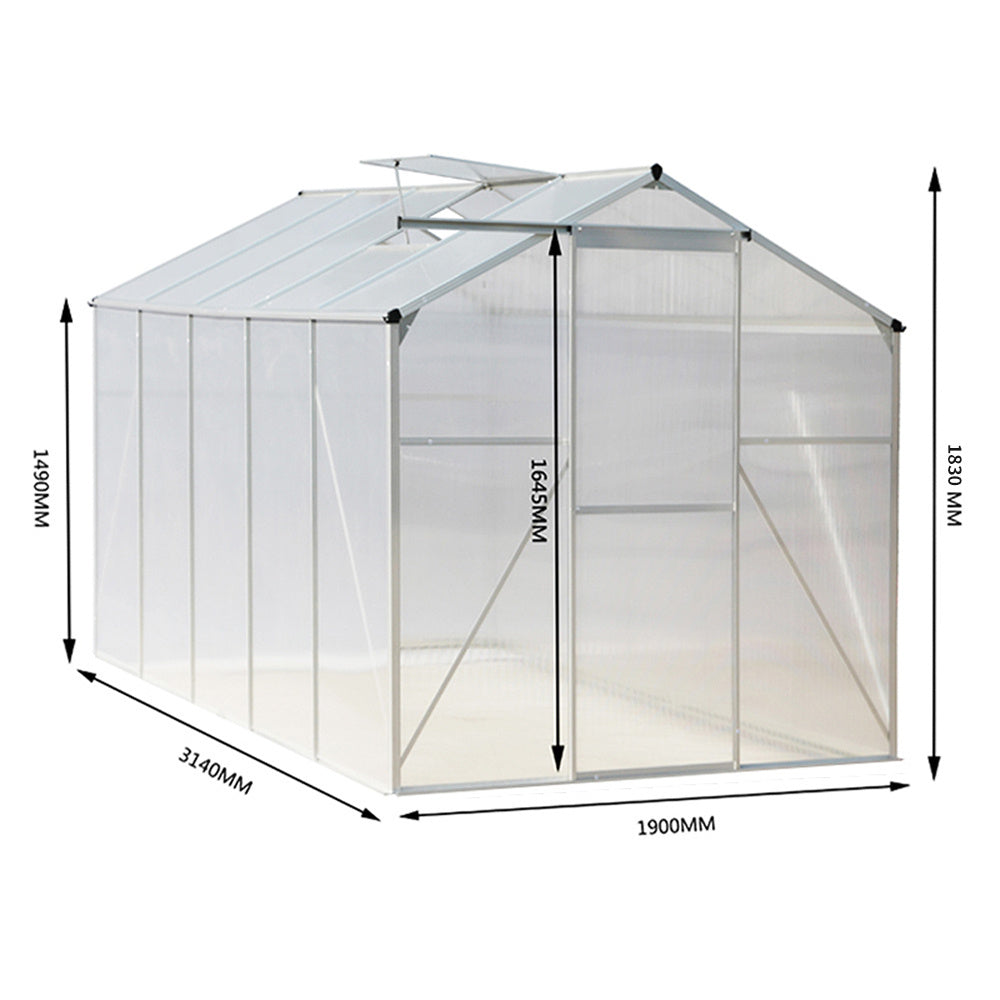 10ft x 6ft Greenhouse Polycarbonate Aluminium Greenhouse with Window and Sliding Door