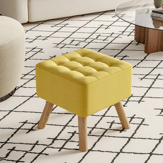 Yellow Square Linen Upholstered Footstool with Wooden Legs