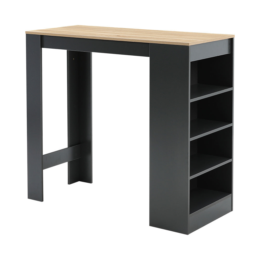 105cm W Natural tabletop and open shelves on a black wooden bar table