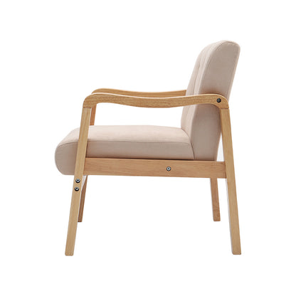 Modern Linen Fabric Buttoned Armchair Soild Wooden Frame Beige