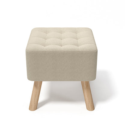 Beige Square Linen Upholstered Footstool with Wooden Legs