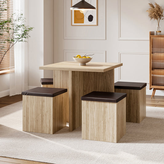 Wood Versatile Table and 4 Storage Stools Set,Natural And Brown