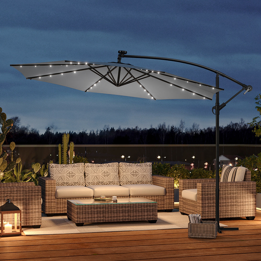 3M Large Garden Hanging LED Parasol Cantilever Sun Shade Banana Umbrella No Base, Light Grey