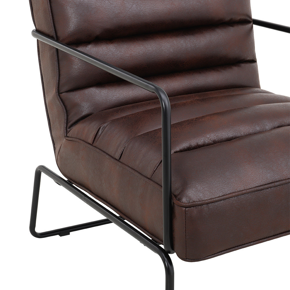 Brown Mid-Century PU leather Linen Armchair with Metal Base