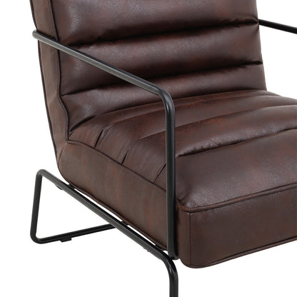 Brown Mid-Century PU leather Linen Armchair with Metal Base