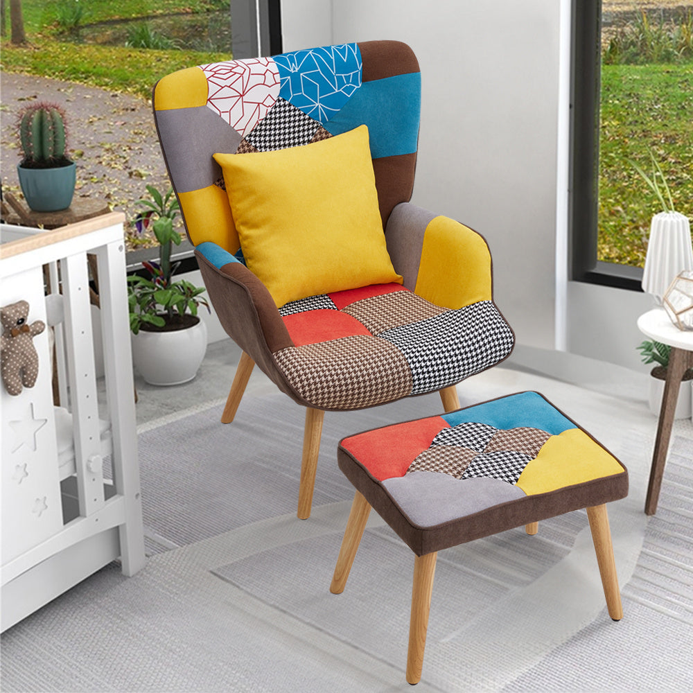 Patchwork Tufted Armchair with Cushion and Footstool