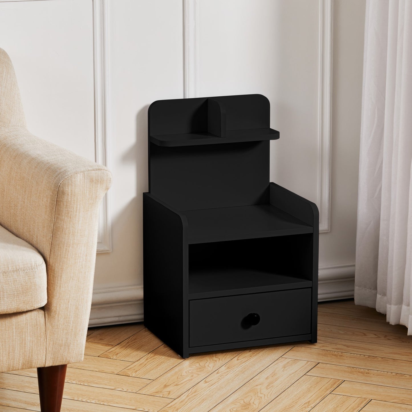 Wood Black Bedside Table Nightstand With Drawers