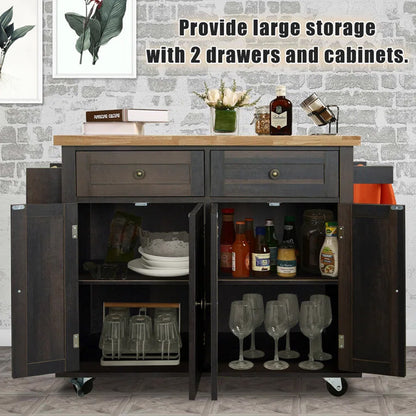 Wooden Kitchen Island Cart with Storage Cabinets