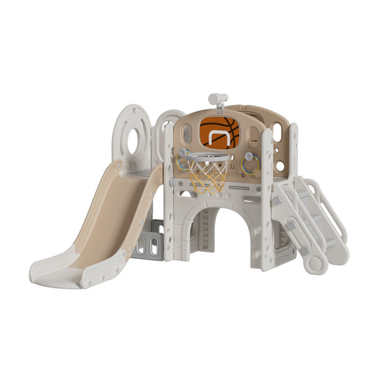 Brown Toddler Slide and Climber Playset with Basketball Hoop