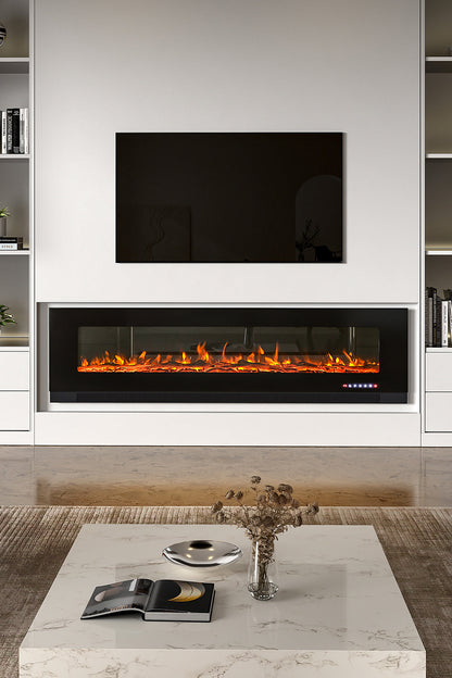 72 Inch LED electric fireplace mounted on the wall with 12 different flame colors