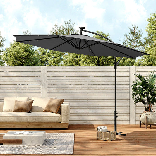 3M Large Garden Hanging LED Parasol Cantilever Sun Shade Banana Umbrella No Base, Dark Grey