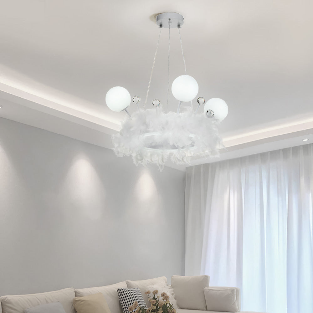 White Feather LED Pendant Light with Crystal Balls