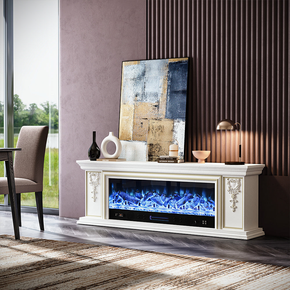 White TV Stand Electric Fireplace 7 Flame Colors Adjustable Flame with Remote