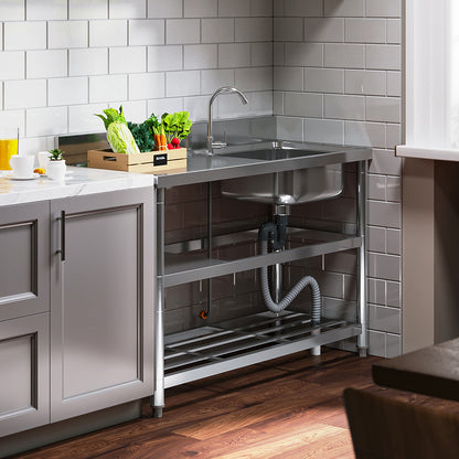 Silver 120cm Stainless Steel Kitchen Compartment Sink with Shelves