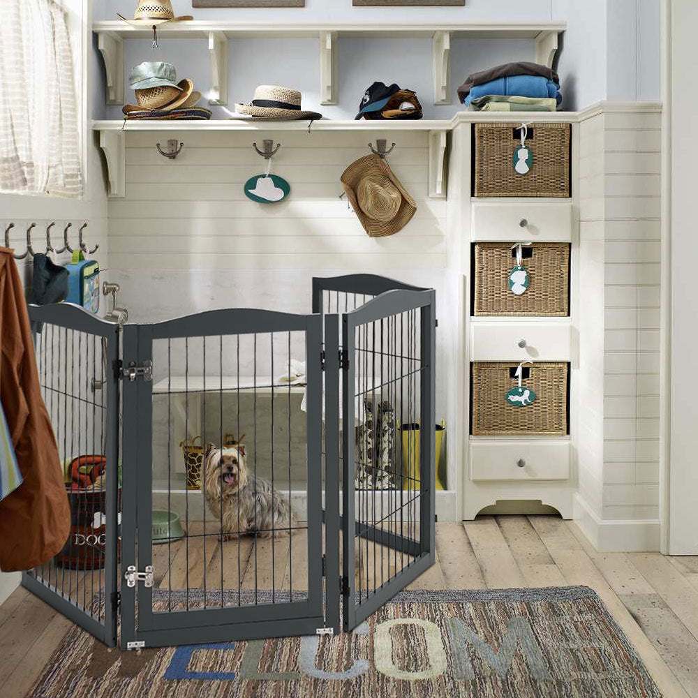 Grey 224cm 4 Panel Wooden Folding Pet Playpen