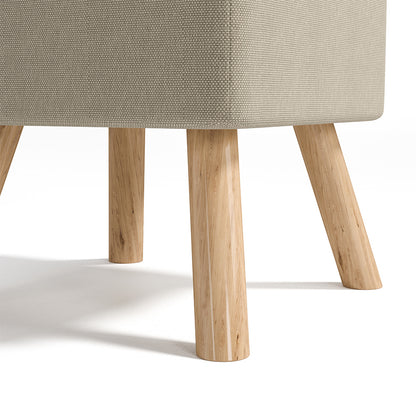 Beige Square Linen Upholstered Footstool with Wooden Legs