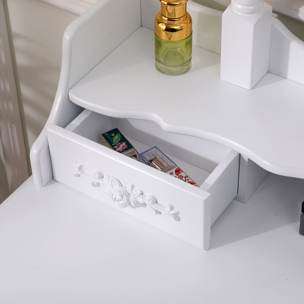 White 4 Drawers Dressing Table with Mirror and Stool Set