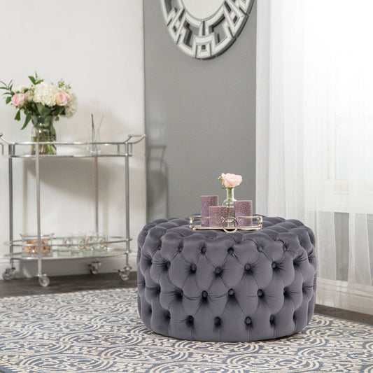 Round Grey Velvet Upholstered Ottoman Seat Footstool