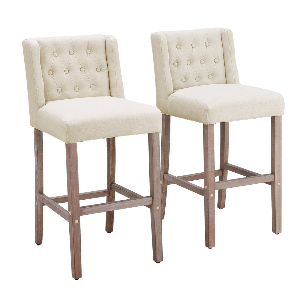 Rustic Set of 2 Bar Stools Linen Tufted with Wood Legs