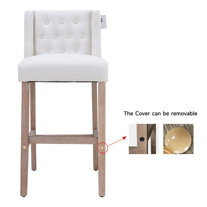 Rustic Set of 2 Bar Stools Linen Tufted with Wood Legs