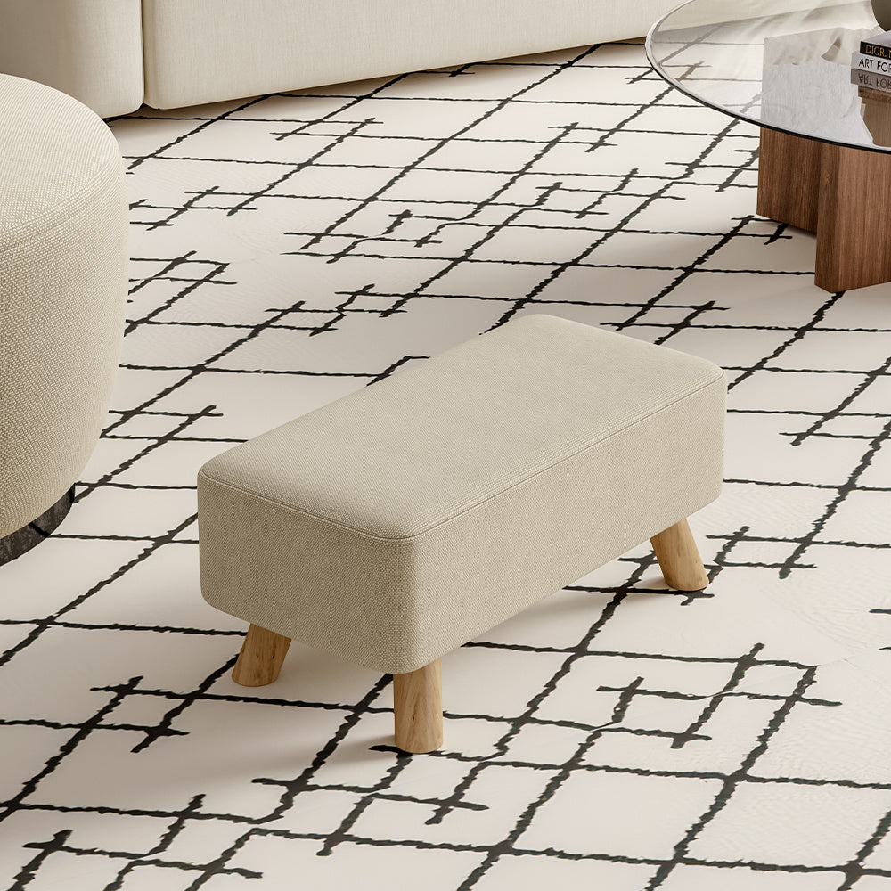 Beige Linen Pouffe Footstool with Wooden Legs