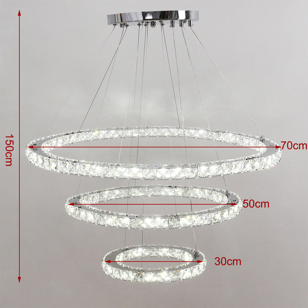 White LED Chandelier Lamp Wire Pendant Crystal Ceiling Lights, 30+50+70CM