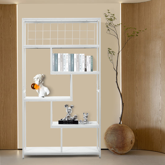 Six-tiered open bookcase storage shelf in white