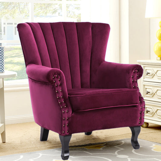 Velvet Pleated Wingback Armchair, Wine Red