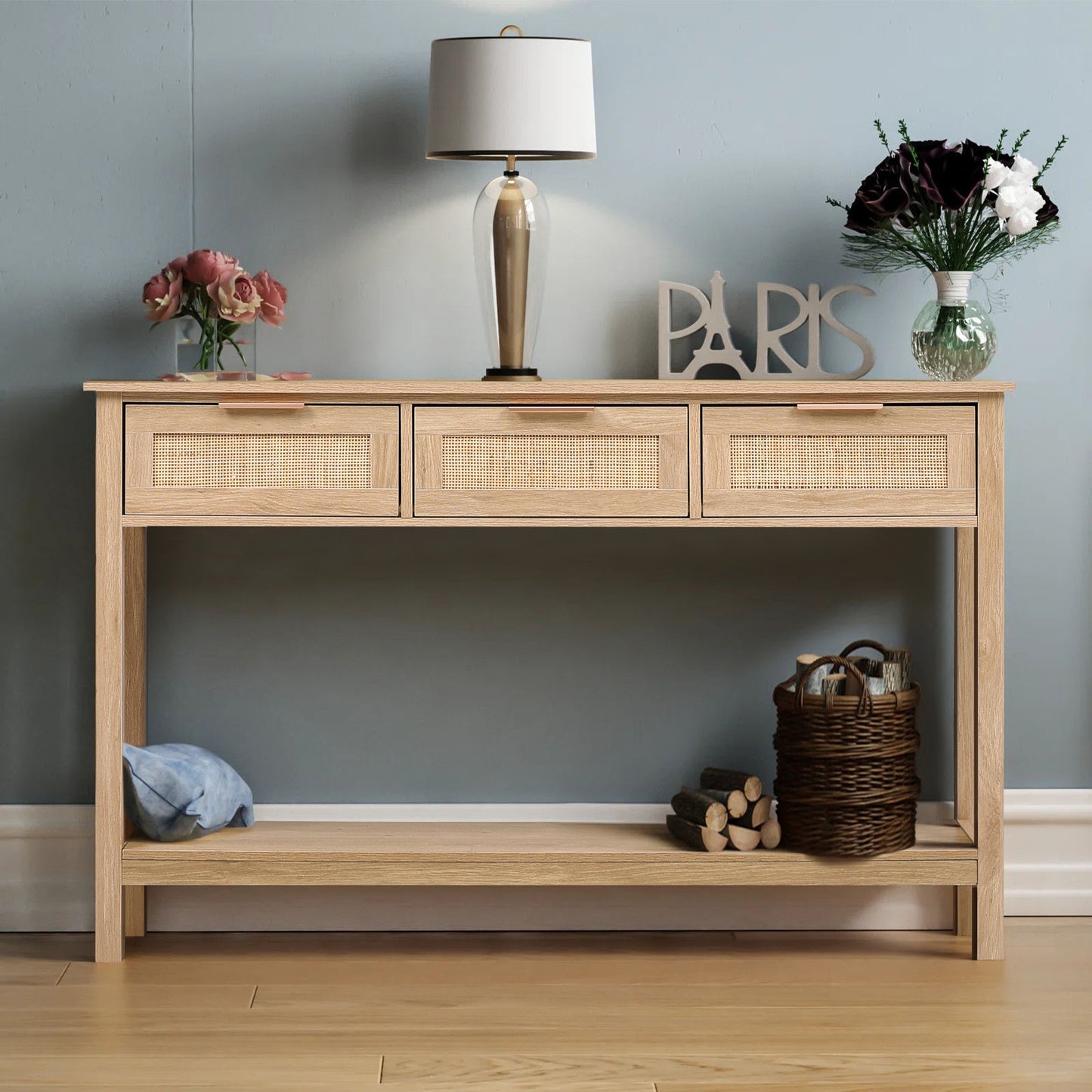 Rustic Wood Console Table with 3 Rattan Drawer