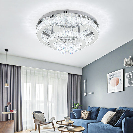 Double Tier Round Crystal Ceiling Light Cool White Light