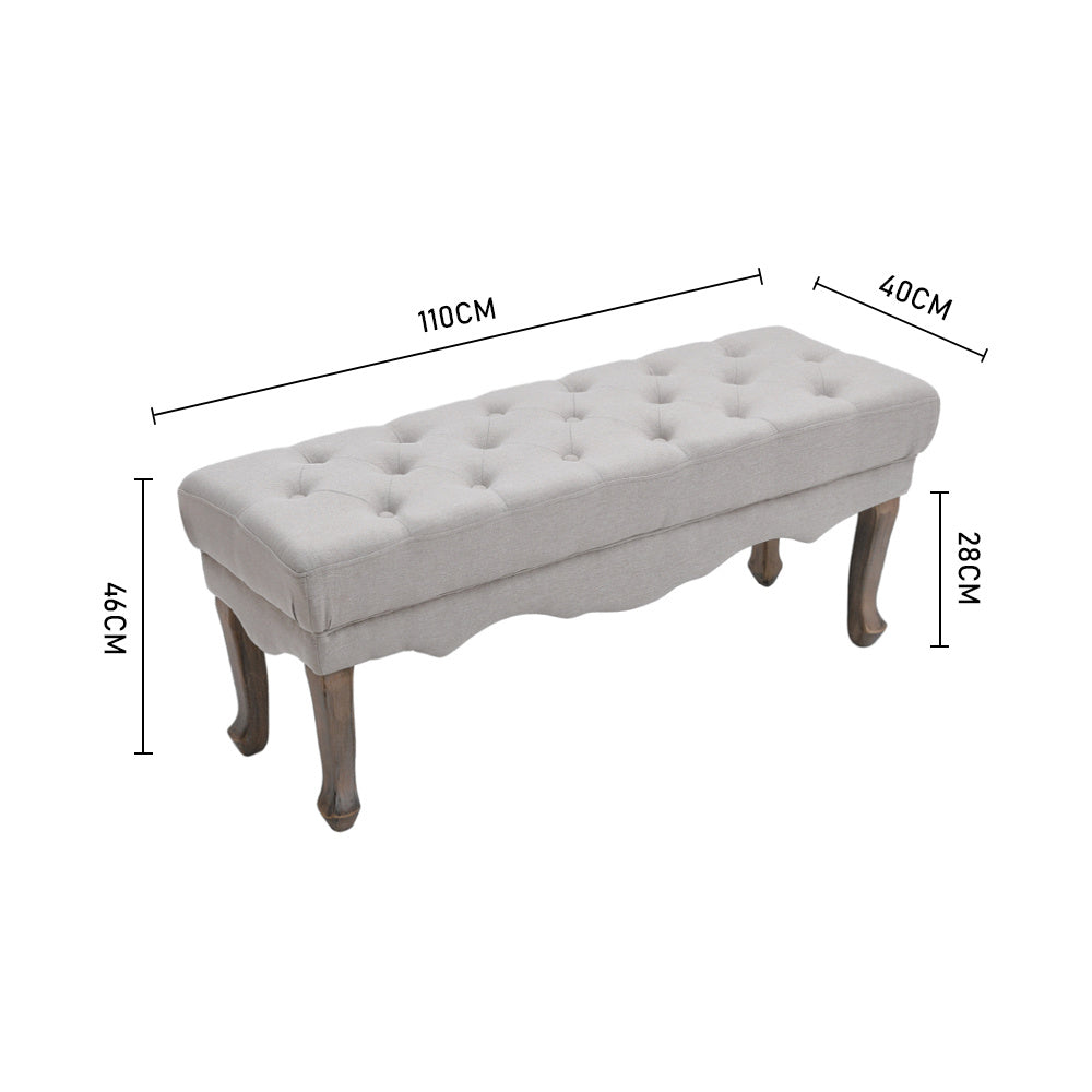 Beige Vintage Linen Bench with Rubberwood Legs