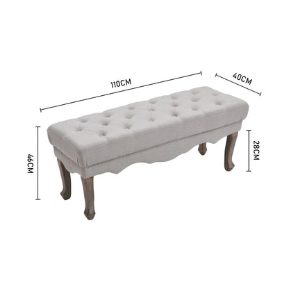 Beige Vintage Linen Bench with Rubberwood Legs