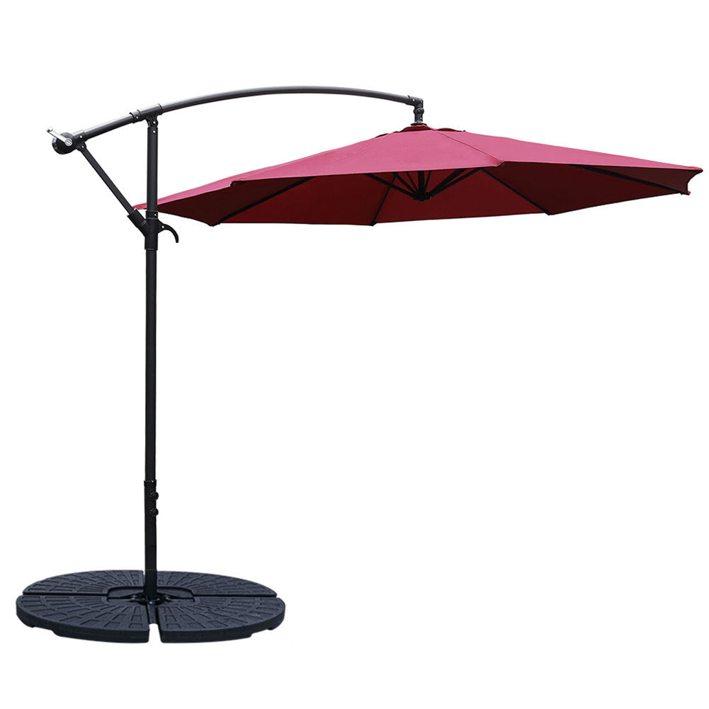 3M Banana Parasol Patio Umbrella Sun Shade Shelter with Fanshaped Base, Wine Red