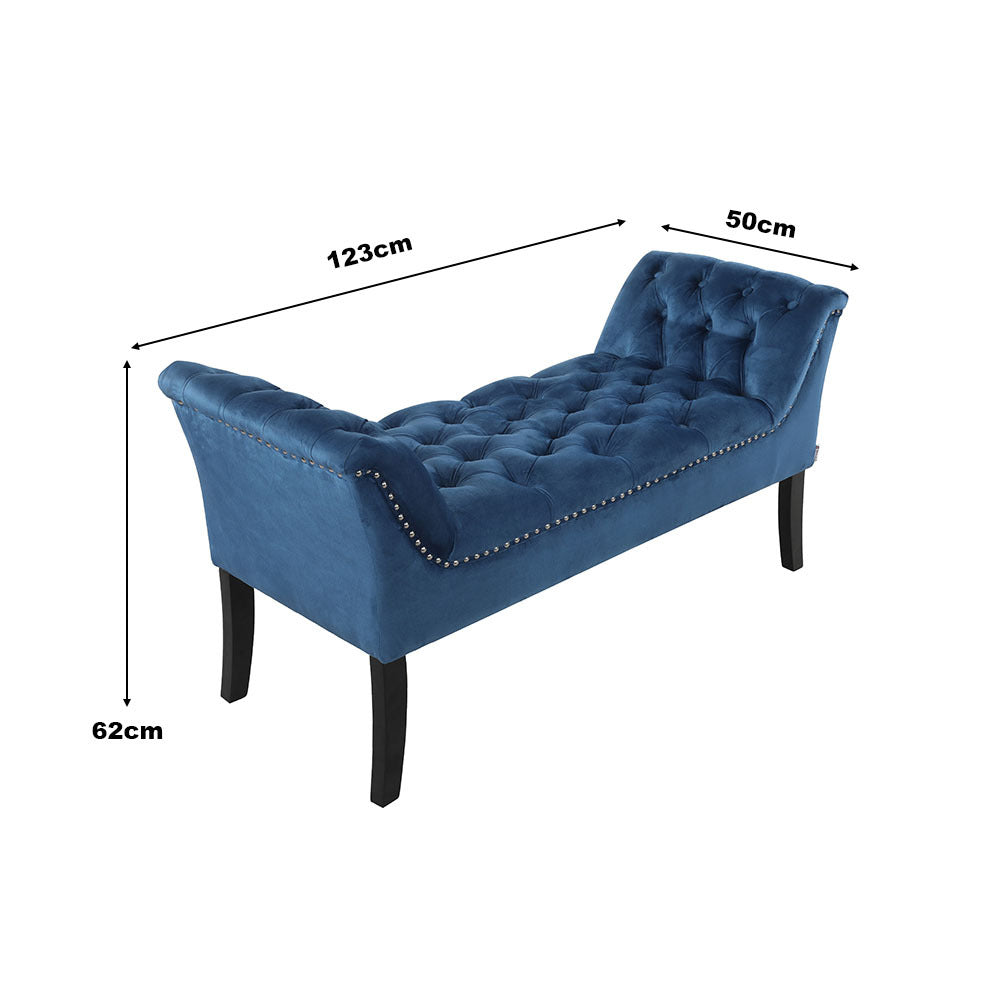 Blue Velvet Buttoned Bench with Black Wood Legs