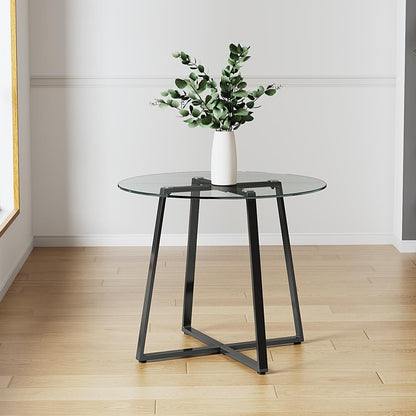 Black Modern Round Dining Table with Tempered Glass Top